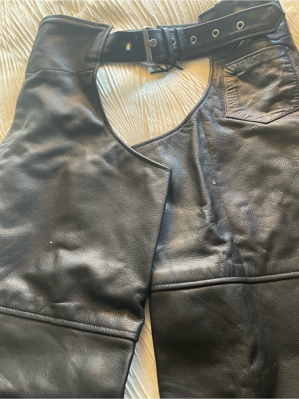 Men's Black Leather Biker chaps with Buckle waist band